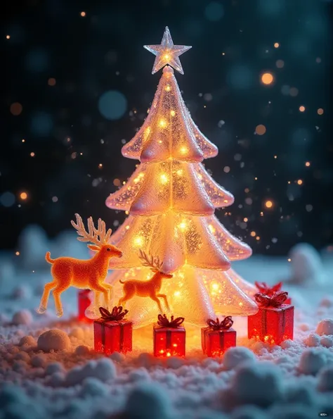 (masterpiece:1,2),best quality,highres,original,extremely detailed wallpaper,perfect lighting,(extremely detailed CG:1.2),Christmas,“christmas”,sparkle,christmas_tree,gift_box,santa alter,elk,house,,,Made with clear candy,