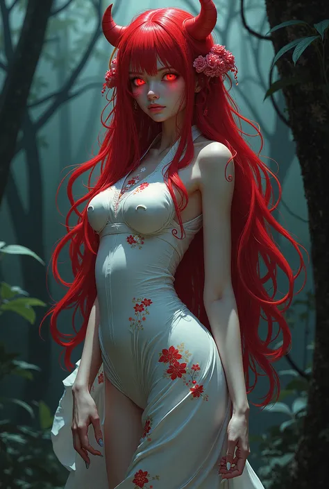 Manga art 
A fox-style Yokai girl 
Long red hair 
With bright red neon-like eyes 
Sexy body with beautiful curves 
Wearing a white kimono dress with red flowers 
In the background a forest with dark air 
Image with good lighting and perfect color grading