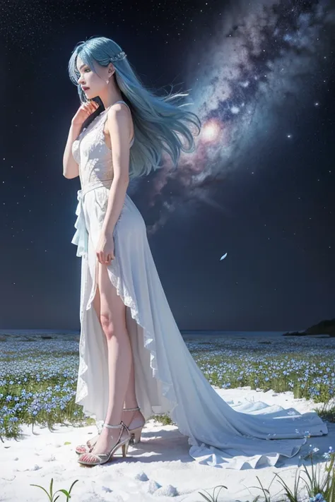 (absurdres, highres, ultra detailed, UHD, cinematic), solo, 1girl, mature, happy, girl standing in light blue flower field, light blue flower petal surrounding girl, full body, blue long hair girl, light blue hair, fantasy, dreamy, snowy, official art, pop...