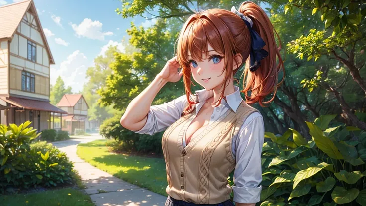 1girl, solo, summer, trees, water, house, fantasy landscape, red hair, ponytail, large full breasts, ((light brown vest sweater)), button down, dark blue eyes, ((white shirt)), ((short sleeved shirt)), ((unbuttoned shirt)), (unbuttoning shirt), (cleavage),...