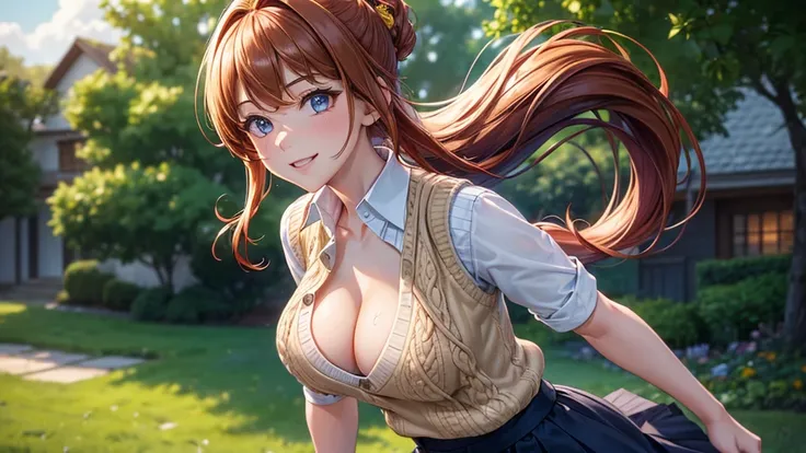 1girl, solo, summer, trees, water, house, fantasy landscape, red hair, ponytail, large full breasts, ((light brown vest sweater)), button down, dark blue eyes, ((white shirt)), ((short sleeved shirt)), ((unbuttoned shirt)), (unbuttoning shirt), (cleavage),...