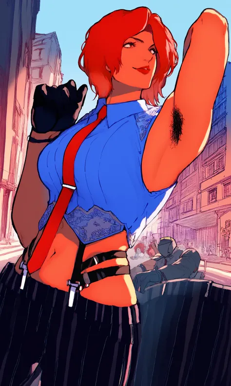  score_9,  score_8_up,  score_7_up,  score_6_up,  source_Anime, masterpiece, Vanessa KOF , Red Hair,  short haired ,  sleeveless shirt,  red tie , Black gloves,  striped pants , belly button,  Suspenders, seductive smile  watching viewers ,   red lips, Kee...