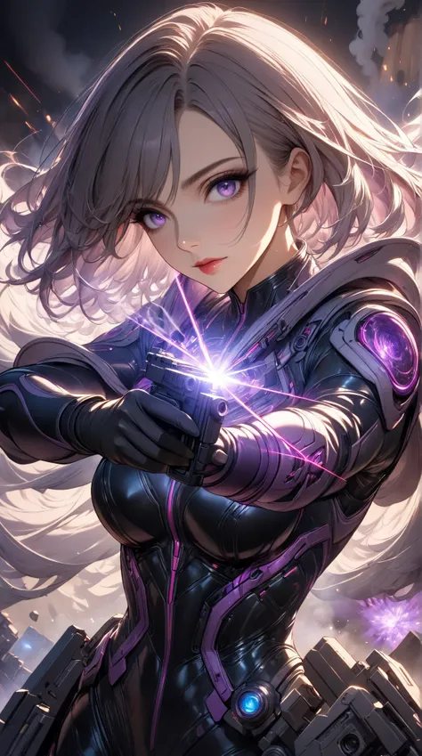  1 mature beautiful woman ,(masterpiece, top quality, very detailed depiction, incredible high resolution,High quality anime drawings), woman in a futuristic bodysuit holding a gun,half-closed purple eyes,Gunner, shootouts with enemies ,firing light , firi...