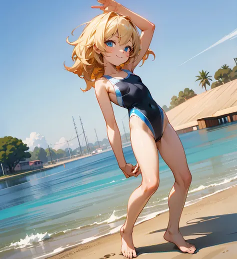 （ cute girl :1.3）、 smile,Summer atmosphere、（ pink competitive swimsuit ）、 golden hair 、　(3)， blue sky，small breasts， flat chested，(( for light, thin hair color)), ( very detailed), (High-definition CG synthesis 8K wallpaper), 高いly detailed,   high-resoluti...