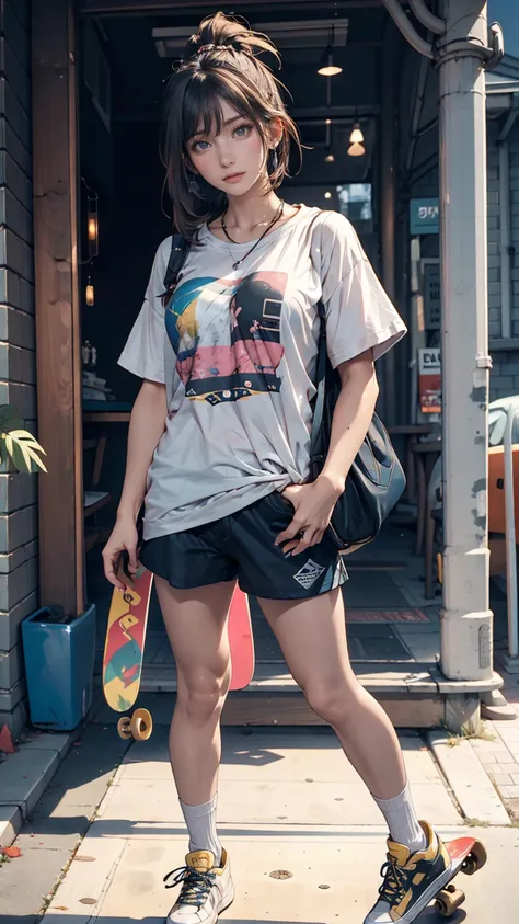  girl,  skateboard , グレー髪の金髪、19-year-old female、 oversized t-shirt 、 shorts、 sneakers、 skateboard を小脇に抱える