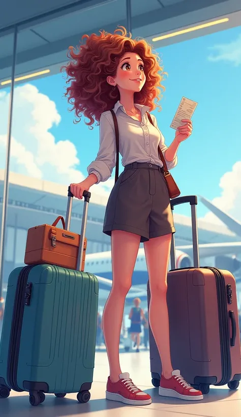  Curly-haired 30s Animepemuda standing at the airport with a large suitcase. She stares at the plane ticket with a hopeful smile .)