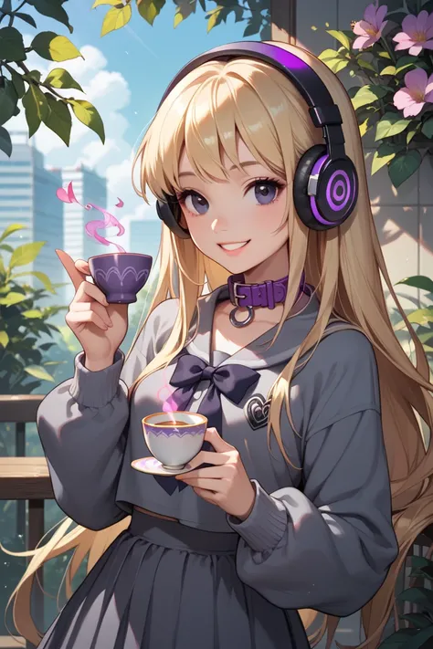 The black-eyed blonde girl with purple iris, wearing headphones, is smiling sweetly and holding a very beautiful flower, wearing a tea-gray school dress with a purple collar, the background is a school of magic.