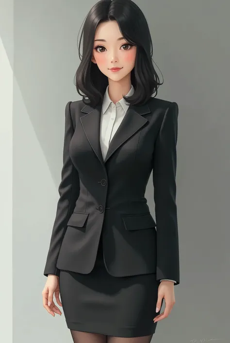 one japanese woman,slouch,Top Quality, Very High Resolution, (Realistic:1.4), (Exact Reproduction: 1.4), Medium Breasts, Facial Detail, Fine Eyes, Career Woman, black Business Suit,two buttons blazer, pencil Skirt,pantyhose, Standing, Skirt, 1Girl, from be...