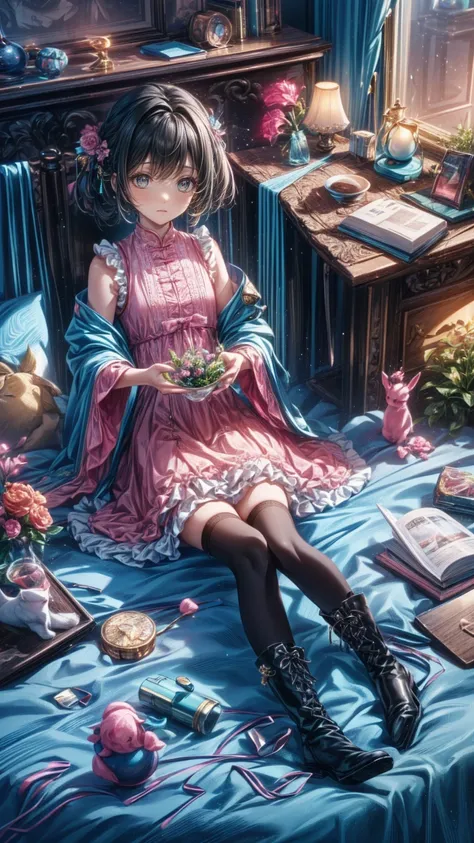 (    Masterpiece    : 1.2), (  very detailed: 1.2), (  very detailed CG: 1.2), (  high image quality: 1.2), (最  high image quality), 8k,   animated illustration,   、  beautiful girl、とてもcute天使、  pink gothic dress 、cute、baby face、smile、  Long Skirt、 Black lo...