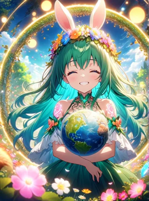 A bright and sunny open meadow surrounded by lush green trees, colorful blooming flowers, and a gently flowing stream under a clear blue sky. In the center, a cute anime-style girl with a warm and caring expression is holding a large globe in her arms, sym...