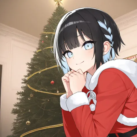  1 girl　 black hair　 short haired 　 light blue inner color 　Braid left hair 　 Light Blue Eyes 　 Santa costume　　 high image quality　smile　 background Christmas tree