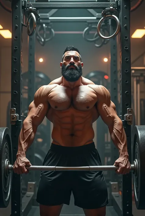 Front art,  Man with dark beard and very short black hair , incredibly muscular, Lifting a bar full of rings ,  defined man doing a deadlift at a gym. 