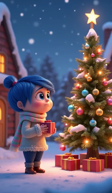 "A festive Christmas scene in a cozy, snowy village featuring Anxiety from Inside Out. Anxiety is dressed in a soft, cozy winter sweater and a calming pastel scarf, standing next to a beautifully decorated Christmas tree adorned with colorful ornaments, tw...