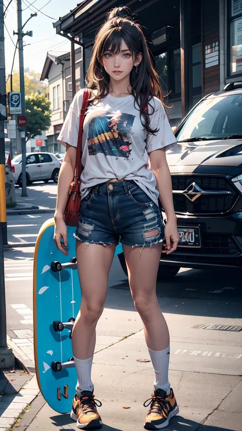  girl,  skateboard , グレー髪の金髪、19-year-old female、 oversized t-shirt 、 shorts、 sneakers、 skateboard を小脇に抱える