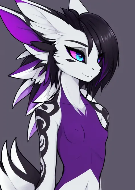 Avali black and white fursona, discord pfp, purple accents, Javali, sideswept hair, female, small breasts,