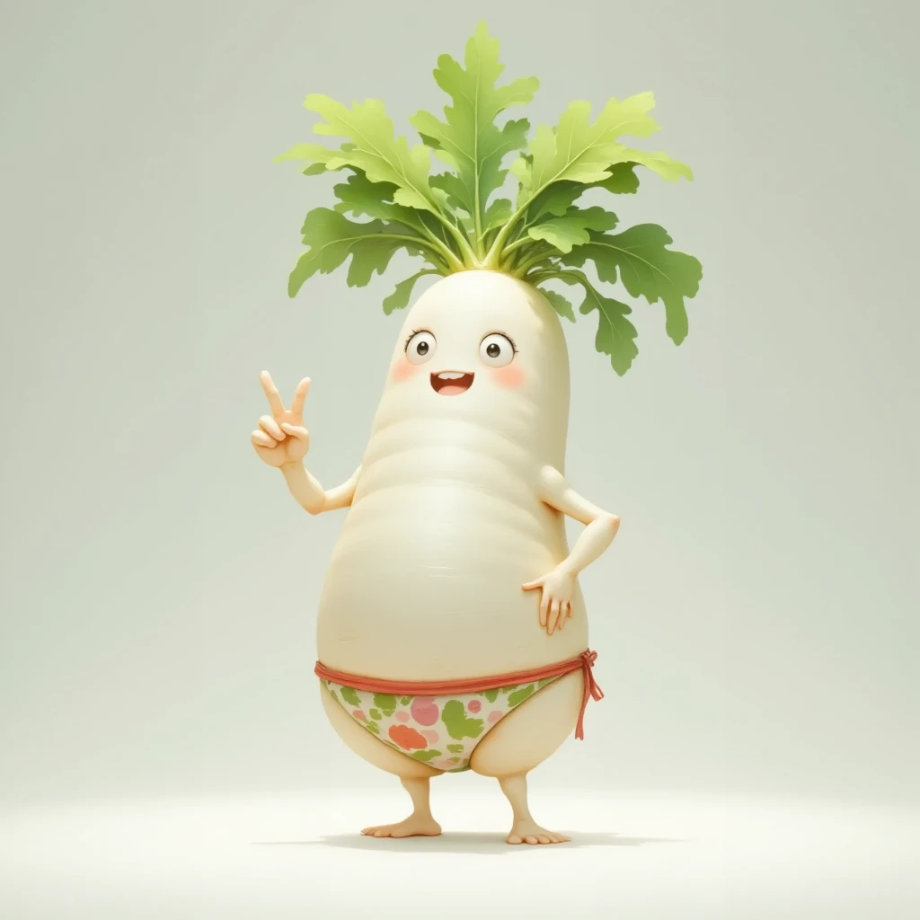 A Cute daikon character is pointing at the viewer with big index finger, wearing swim pants, simple background