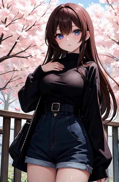  1 Woman 、whole body、 brown hair 、 long hair、 well-prepared face、Dark lips、 blue eyes、 red knitwear、 slim、、 black coat 、 black shorts against the fence、 cherry blossoms、 cherry blossomsノ雨、petal、garden、  Masterpiece  、 super high resolution、delicate、  perfe...