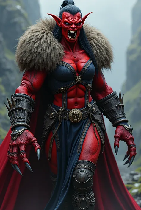 ICELANDIAN ORC WOMAN. Best orc claws hero fashion inspired. Full body picture. Color red face. CLAWS BIG TEETH