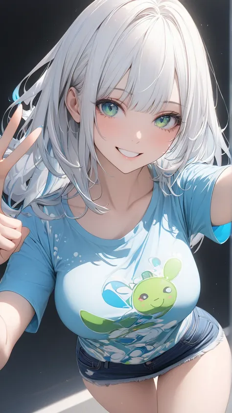 face details,semi realistic, Masterpiece, Master work, perfect , 4k, 1woman, big size breast, straight shoulder-length hair, flat Bangs hair style, white colored hair, (((blue streaks - white hair))), bright green eyes, big smile expression face, wearing s...