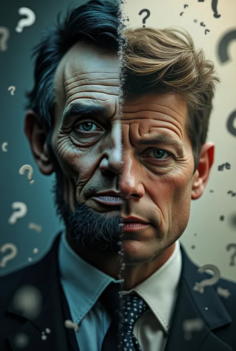  "A split-screen visual: one side with Abraham Lincoln and the other with John F. Kennedy, both surrounded by question marks and interconnected by mysterious symbols."