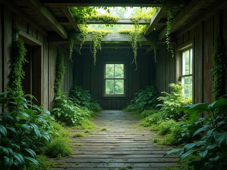 The interior of an abandoned wooden house: the floors covered the floor, walls and ceiling.