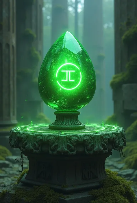 make me a picture with fantasy theme of a green magic stone with the zodiac symbol cancer, stone located above the stone altar with ancient symbols and around it many ruined pillars