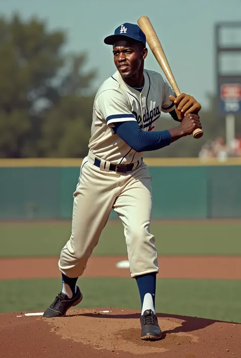 a portrait of Jackie Robinson baseball player Los Angeles Dodgers, intrinsic details,masterpiece,hyper realistic, hd, 8k,Standing preparing to shot the ball
