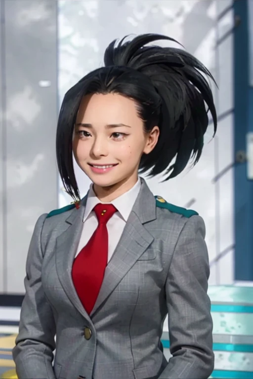 highest quality、4k、masterpiece、highly detailed eyes、super detailed、1 girl、solo、my hero academia、Million、very delicate、8k、smile、whole body、perfect human structure、smile、whole body、Yuei High 、gray jacket、red tie、inside the school、ponytail