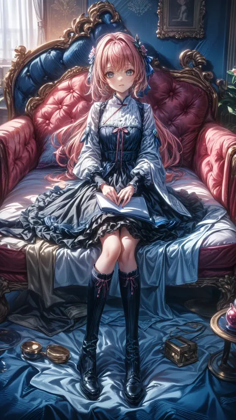 (    Masterpiece    : 1.2), (  very detailed: 1.2), (  very detailed CG: 1.2), (  high image quality: 1.2), (最  high image quality), 8k,   animated illustration,   、  beautiful girl、とてもcute天使、  pink gothic dress 、cute、baby face、smile、  Long Skirt、 Black lo...