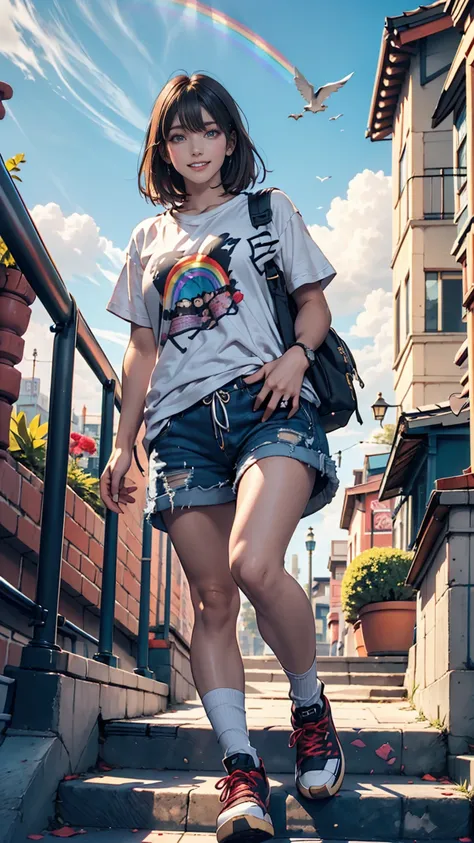  girl,  skateboard , グレー髪の金髪、19-year-old female、 oversized t-shirt 、 shorts、 sneakers、 skateboard を小脇に抱える、smile、blue sky、cloud、rainbow、Stairs in the park