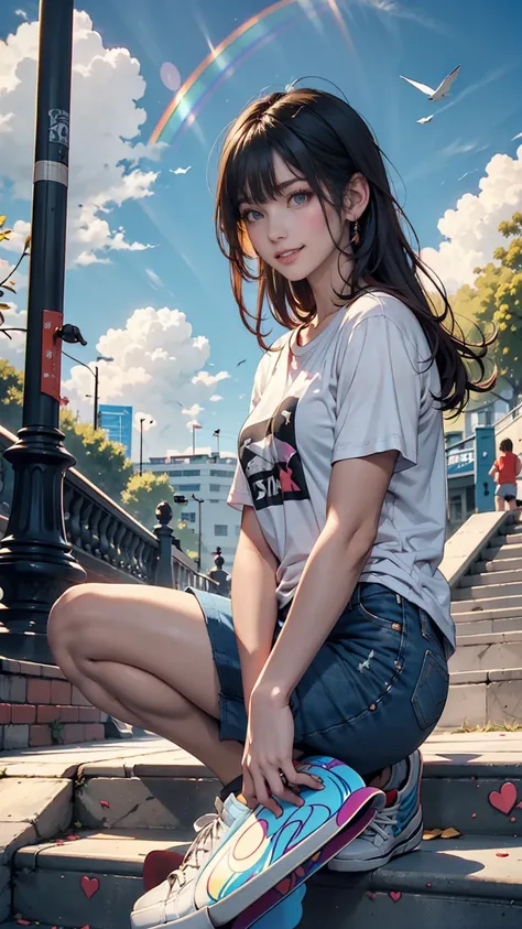  girl,  skateboard , グレー髪の金髪、19-year-old female、 oversized t-shirt 、 shorts、 sneakers、 skateboard を小脇に抱える、smile、blue sky、cloud、rainbow、Stairs in the park