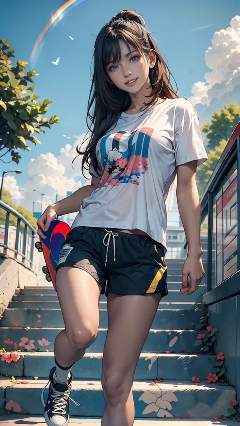  girl,  skateboard , グレー髪の金髪、19-year-old female、 oversized t-shirt 、 shorts、 sneakers、 skateboard を小脇に抱える、smile、blue sky、cloud、rainbow、Stairs in the park