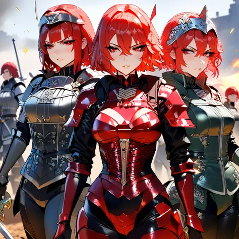 ( 3girl：2.0),  (Three female soldiers) ，high definition ,  short hair,  red eyes, red head,  anatomically correct,  top quality,crimson Shiny Enamel highleg Bodysuit，Light Armor ，sword,battlefield ，glittering decoration，Elegant，pawn Of Chess ,Medieval Euro...