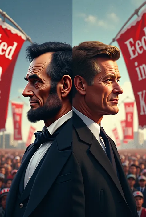 "Side-by-side depiction of Lincoln and Kennedy’s presidential campaigns with bold banners showing Elected in 1860 and Elected in 1960."