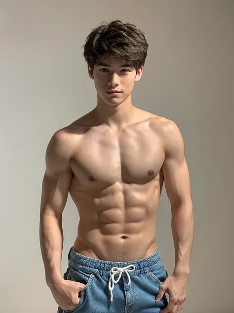 Create an image of a young man in his 20s, standing shirtless. He has a lean, slightly muscular build, with a smooth and fair complexion. pale skin, His hair is light brown, a bit tousled, giving him a casual and approachable look. His expression is gentle...