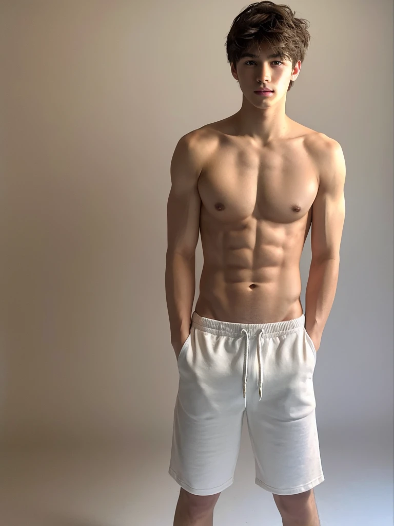 Create an image of a young man in his 20s, standing shirtless. He has a lean, slightly muscular build, with a smooth and fair complexion. pale skin, His hair is light brown, a bit tousled, giving him a casual and approachable look. His expression is gentle...