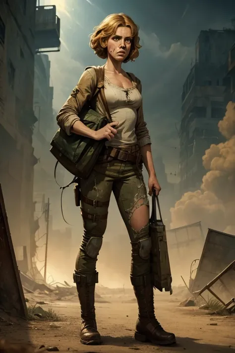  higher quality , lost in a post-apocalyptic world lost ,  full body view, ********,  beautiful Danish girl with light eyebrows, Lean body, sad, tired,  crying, 8k