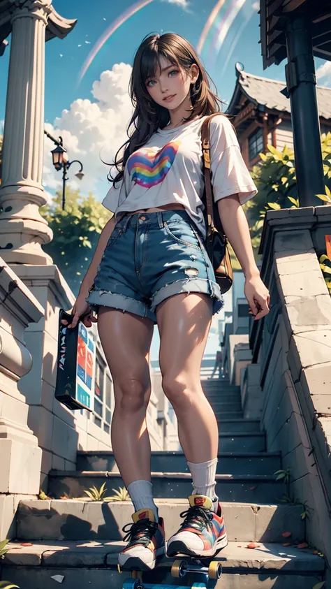  girl,  skateboard , グレー髪の金髪、19-year-old female、 oversized t-shirt 、 shorts、 sneakers、 skateboard を小脇に抱える、smile、blue sky、cloud、rainbow、Stairs in the park