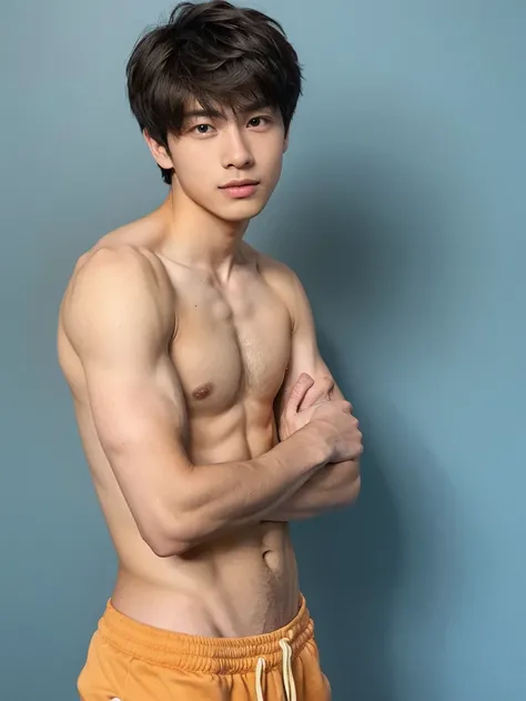 Create an image of a young man in his 20s, standing shirtless. He has a lean, slightly muscular build, with a smooth and fair complexion. pale skin, His hair is light brown, a bit tousled, giving him a casual and approachable look. His expression is gentle...