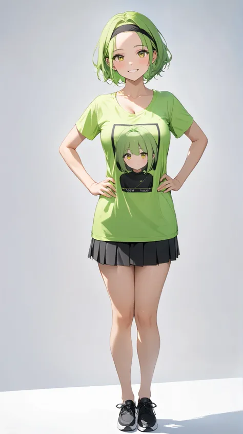 full body display ,semi realistic, Masterpiece, Master work, perfect , 4k, 1girl, young girl, mature body, medium size breast, short hair, middle parted hair style, showing forehead, wearing headband, neon green colored hair, yellow eyes, happy expression ...