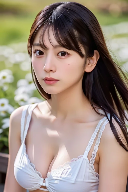 (masterpiece, best quality, perfect anatomy, highres, 8k, realistic, photorealistic, natural skin texture, no makeup, portrait:1.2), 1girl, solo, Japanese, age20, female university student, (very cute), Devilish expression, parted lips, (very huge breasts:...