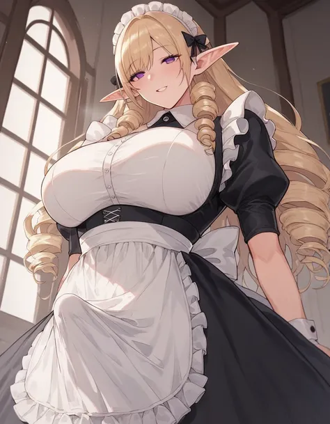 ((masterpiece:1.2)), best quality, ultra high res, beautiful detailed hair detailed face, perfect feminine face, beautiful detailed eyes, 8k, (finely detailed beautiful eyes and detailed face cg), (anime), BREAK, a girl, maid, (((elf))), blonde hair, twin ...