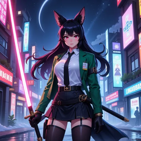 masterpiece, best quality, looking at viewer, expressionless, hsmyb, fox ears, red eyes, white pupils, bright pupils, black hair, long hair, blung bangs, sidelocks, half up braid, medium breasts, green jacket, chest strap, id card, collared shirt, white sh...