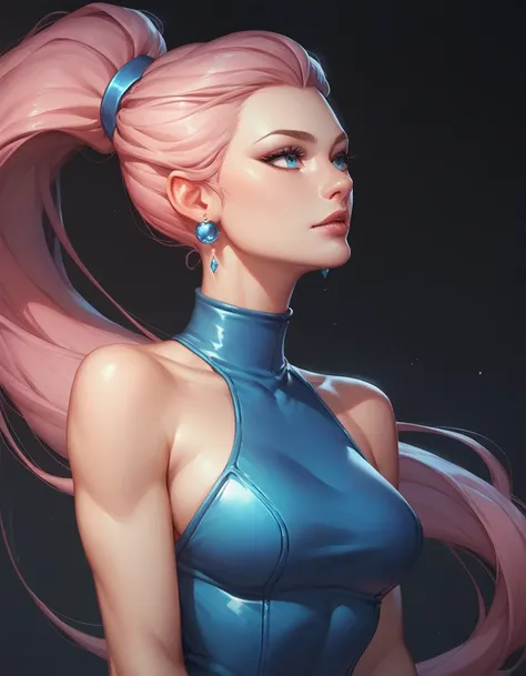 female blue sleeveless leather turtleneck catsuit, bare shoulders, racerback, bare toned arms, beautiful faces, pink ponytail with showing forehead, long ponytail, earrings, soft smooth skin, pale skin, black background, blue eyes, sci-fi, evil expression