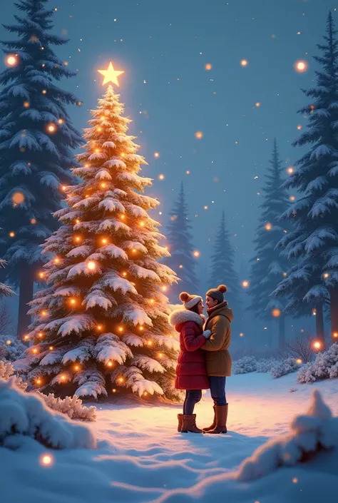  You could create an image of a snowy landscape with snow and a Christmas tree ,together with bright lights and a couple in the background  