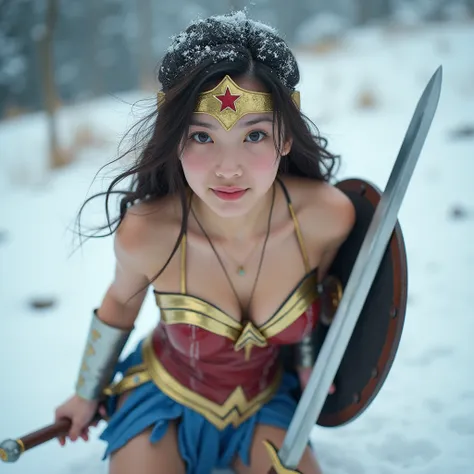 Cute   Japanese  、  laughing、  Wonder Woman hanging upside down。 live action、 looking at the front camera  、Perfect Wonder Woman hanging upside down cosplay、  brown hair、  masterpiece 、  cute girls 、    Beautiful Eyes   、Narrow eyes、  Eyes Swollen  、A Shin...