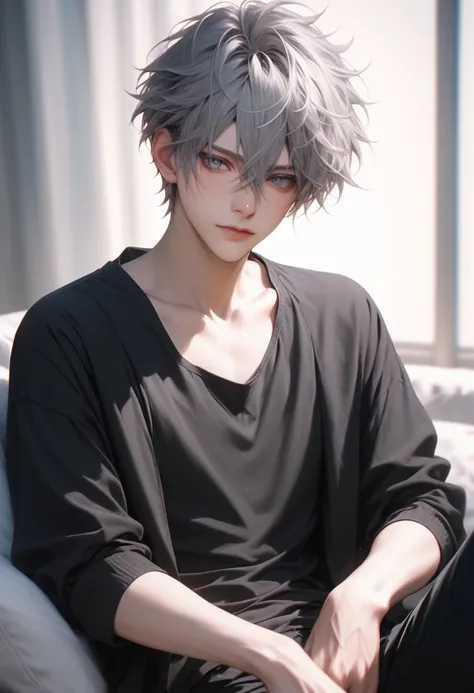  top quality,   very detailed ,   1 man,  Grey Hair ,  Grey Eyes ,   Cowboy Shots,  soft touch, Blurred, Fuji Color,  Gentle colors,   bangs between eyes ,   black jacket ,  black tank top,  black pants,  sitting, 