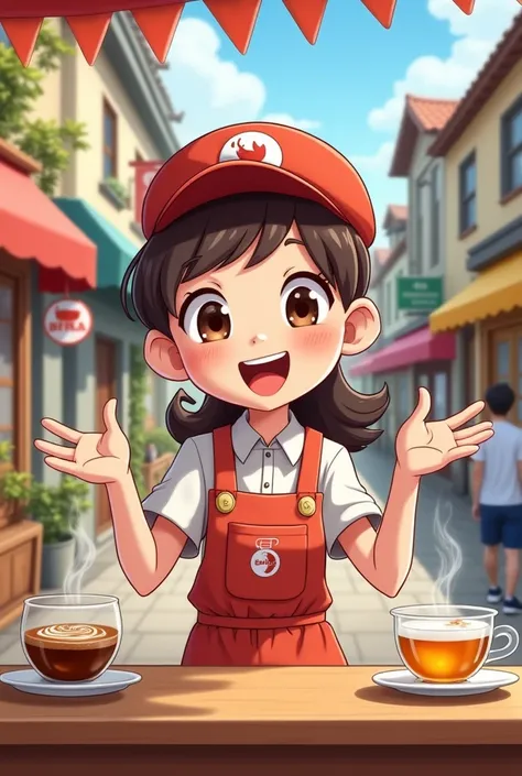 sales girl selling tea and coffee, in cartoon format