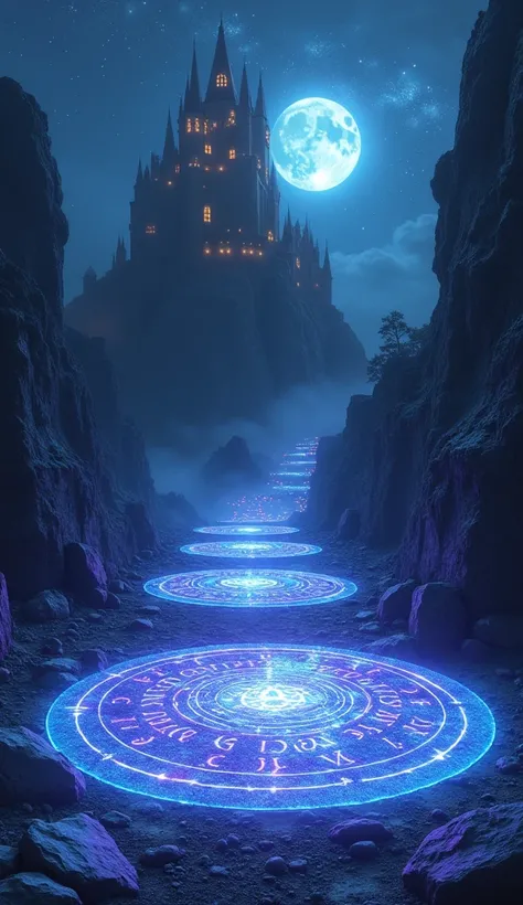  A magical and mysterious vertical image .  The setting is a rocky terrain filled with glowing gravels Adas Nas Pedras,  that emit pulsing lights in shades of blue and purple .  The runes form complex patterns ,  spreading magical reflections on the ground...