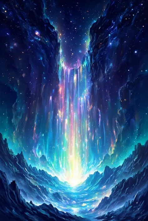 a luminescent astral cascade featuring waterfalls flow into a star-studded abyss. use glowing tones of COLOR to create a celestial and dreamlike atmosphere